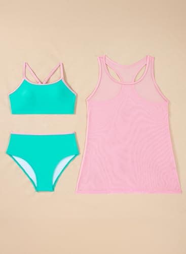 blibean Tween Girls Swimsuit Teen 3 Piece Bathing Suit with Cover Up Little Kids Cute Bikini Set Mesh Tankini Top Summer Boho Hawaiian Swimwear Beach Traje Baño Niñas Size 6-7 Year Old Turquoise - Thumbnail 3