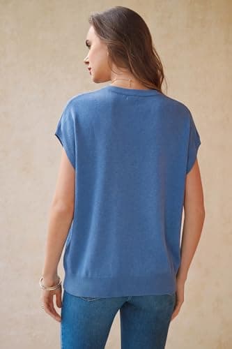 Arach&Cloz Womens Spring Blue Summer Blouse Short Sleeve Oversized Sweaters Capsule Wardrobe 2026 Cashmere Lightweight Crew Neck Business Casual Work Tops Teacher Outfits Fashion Trendy S - Thumbnail 4