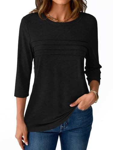 NORACORA 3/4 Sleeve Tops for Women T Shirts Dressy Casual Spring Fall Outfits Pleated Front Shirts Round Neck Casual Tunic Basic Tee Tops Black M - Thumbnail 4