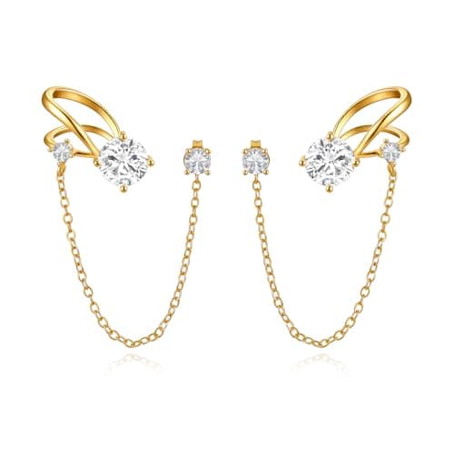Cicy Bell 18k Gold Ear Cuff Stud Chain Earrings for Women Dainty Tassel Drop Dangle Cubic Zirconia Clip On Climber Crawler Wrap Earrings Jewelry Gifts Birthday Party - Image 1