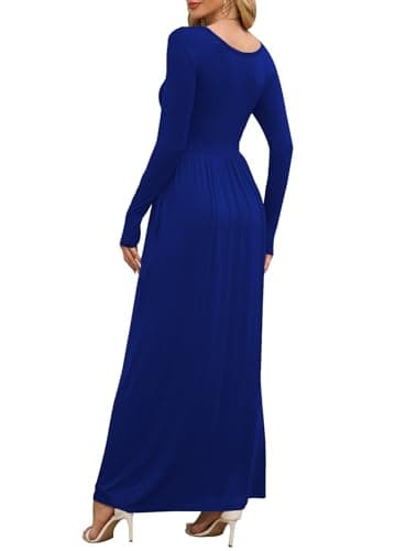 DEARCASE Maxi Dress for Women Dark Blue XX-Large Crewneck Long Sleeves Wedding Guest A-line Plain Casual Empire Waist Flowy Party Vintage Spring Fall Winter Floor Dresses with Pocket - Thumbnail 2