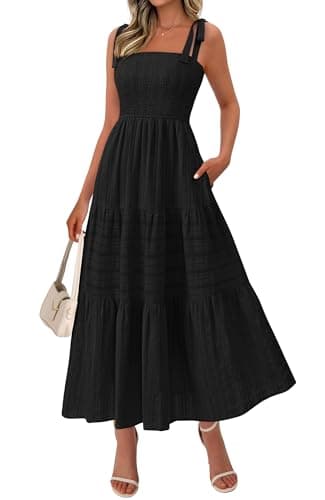 BTFBM Women's 2026 Spring Boho Spaghetti Strap Dress Casual Sleeveless Smocked A Line Beach Sundress Long Maxi Dresses(Black, Small) - Image 1