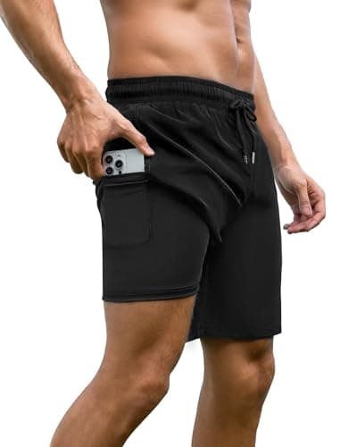 Arolina Mens Swim Trunks with Compression Liner 7 Inch Zipper Pockets Board Shorts Bathing Suits Swimwear Black Small - Image 1