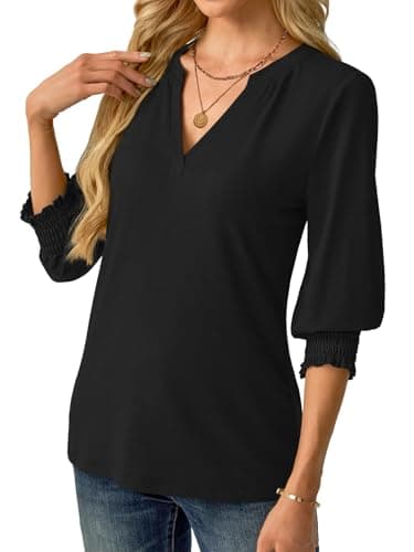 GKBK Womens 3/4 Sleeve Shirts V Neck Dressy Casual Spring Summer Blouses with Smocked Cuffs A- Black - Thumbnail 2