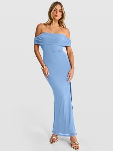 Caracilia Women’s Off Shoulder Maxi Wedding Guest Dress Summer Bodycon High Split Mesh Formal Cocktail Evening Party Dresses Blue Small - Thumbnail 6