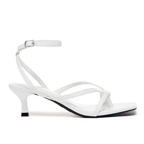 Athlefit Kitten Strappy Heels for Women Square Open Toe Low Heel Sandals Ankle Strap White Sexy Party Wedding Dress Shoes Size 6.5 - Thumbnail 4
