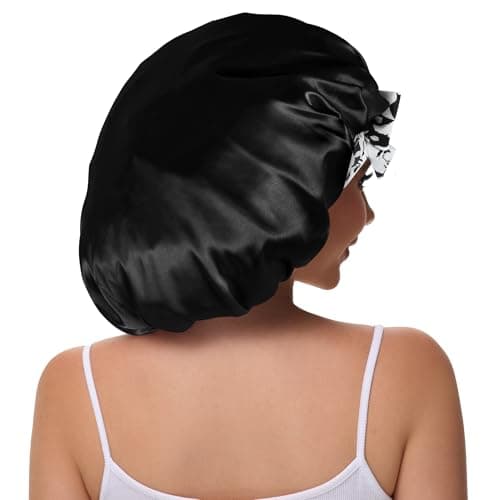 Vettres Hair Bonnet for Sleeping Satin Lined Sleep Cap Double Layer Silk Head Wrap for Curly Natural Hair Black Flower - Thumbnail 3