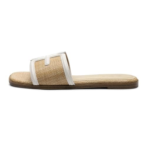Athlefit Raffia Flat Sandals for Women Comfortable Square Open Toe Slip On Summer Beach Casual Slide Sandals Natural Size 6.5 - Thumbnail 3