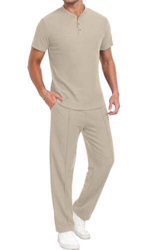 PrinStory Men's Short Sleeve Outfits Waffle Knit Henley Shirt and Pants Set Casual 2 Pieces Summer Tracksuits with Pockets Oatmeal-XL - Image 1