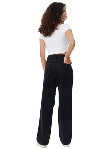 Genleck Women Loose Ripped Boyfriends Jeans High Waist Baggy Denim Pants Distressed Wide Leg Y2K Mom Jeans Black 90s - Thumbnail 4
