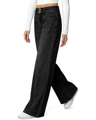 Flvsun Women's Wide Leg Jeans High Waisted Stretchy Straight Leg Jeans Trendy Seamed Front Loose Fit Denim Pants Black S - Thumbnail 5
