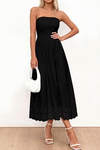 PRETTYGARDEN Womens Summer Dresses 2026 Sexy Sleeveless Tube Top Long Dress Eyelet Cotton Maxi Beach Sundress Pockets(Black,Large) - Thumbnail 6