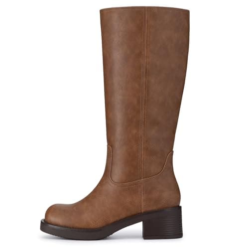 Athlefit Brown Knee High Boots for Women Chunky Heel Fall Tall Boots Square Toe Pull On Platform Casual Long Booties Size 6 - Thumbnail 4