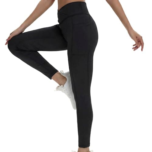 VIPARK Women V-Cross Waist Leggings – High Waist Tummy Control Butt Lifting Yoga Pants with Pockets, Seamless Front, Stretchy 7/8 Compression Workout Tights for Gym & Running Black