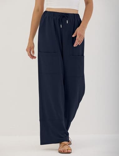 ZAFUL Womens Baggy Wide Leg Pants Cotton Casual Elastic Waist Lounge Palazzo Sweatpants Navy Blue L - Thumbnail 3