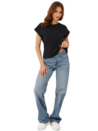GKBK Cotton Cap Sleeve Womens Tops Crop High Neck Short Sleeve Summer Cute Casual Shirts Boxy Spring Clothing Outfits Black - Thumbnail 6