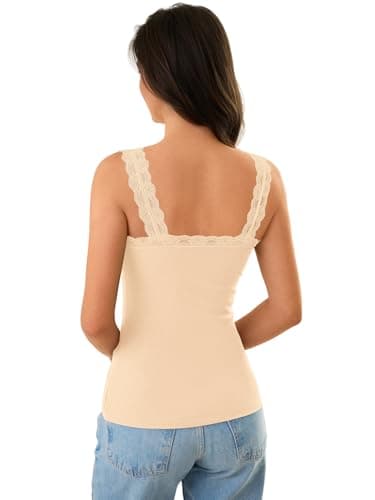 GKBK Tank Tops for Women Ribbed Slim Fit Camisole Sleeveless Lace Tank Tops Summer Casual Basic Tops Cute V Neck Soft Lace Trim Cami Undershirt Spring Clothes 2026 Fashion Outfits Apricot - Thumbnail 4