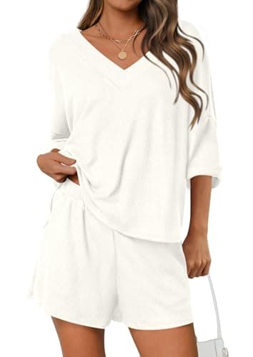 PRETTYGARDEN Womens 2 Piece Sets 2026 Oversized Vneck Half Sleeve Tops Shorts Lounge Set Casual Summer Travel Beach Outfits (Beige White,XX-Large) - Image 1