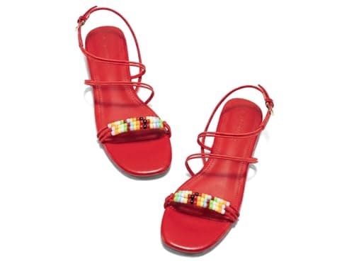 Coutgo Womens Strappy Flat Sandals Open Toe Lace Up Beaded Gladiator Flats Ankle Strap Summer Beach Shoes Red, Size 11 - Image 1