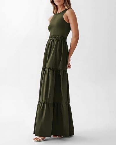 BTFBM Women Sleeveless Summer Dresses Wedding Guest Maxi Dresses Ribbed Knit Tops and Polyester Skirt with Pockets(Solid Army Green,Large) - Thumbnail 6