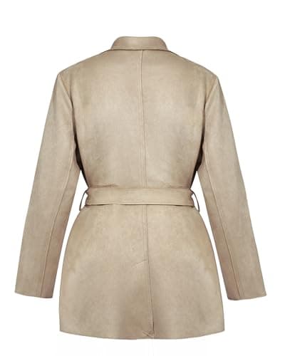 OctMoon Women's Cropped Faux Suede Trench Coat, Classic Short Jacket with Belt, Business Casual Soft Lapel Outerwear for Spring Fall(Khaki)-XS - Thumbnail 3