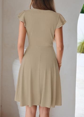 Lazysmile Summer Dresses for Women Ruffle Short Sleeve V Neck A Line Swing Ribbed Knit Casual Mini Short Dress Khaki - Thumbnail 2
