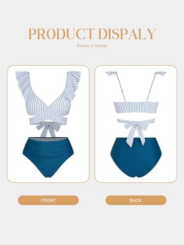 ZAFUL Swim Suit for Women 2025 Tummy Control High Waisted Bikini Sets with Bikini Bottom Stylish Cutout 2 Piece Push Up Bathing Suit Blue Striped M - Thumbnail 6