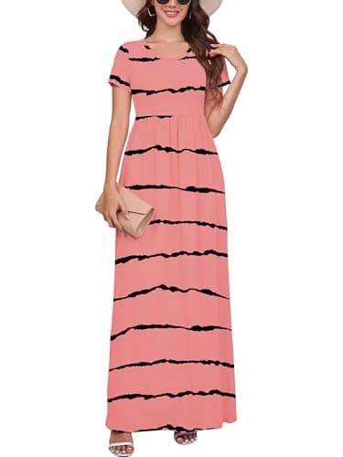 DEARCASE Women Long Maxi Dress Pink Wavy Stripes Medium Crewneck Boho Short Sleeve A-line Casual Hawaiian Flowy Party Vintage Spring Summer Beach Dresses with Pockets - Image 1