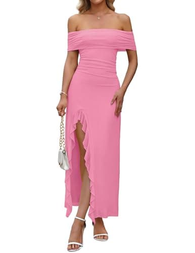 Zelroxa Women Asymmetrical Dress Sexy Off Shoulder Mesh Ruched Bodycon Cocktail Wedding Birthday Party Graduation Banquet Ruffle Maxi Long Tight Dresses Vestido Going Out Pastel Pink - Image 1