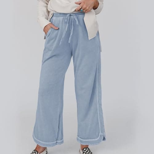 Ainangua Women's Palazzo Pants Acid Wash Capri Pants Drawstring Athletic Wide Leg Trousers Summer Lounge Home(Light-Blue,XL) - Thumbnail 6