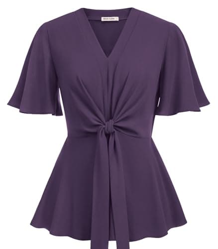 Women's Purple Peplum Tops V Neck Bell Sleeve Tops Tie Front Elegant Work Blouses S - Image 1