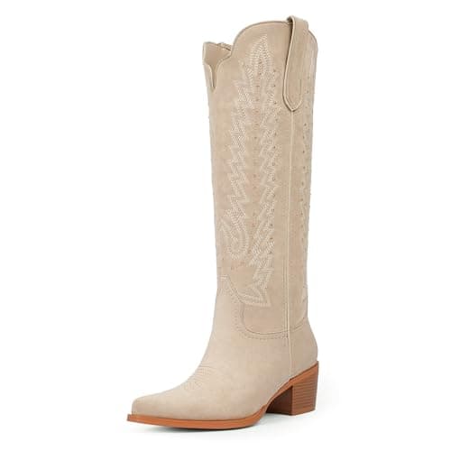 VIUGJNEX Women's Cowgirl Boots Beige Suede Western Knee High Beige Cowboy Boots Wide Calf Slip On Chunky Heel Pointed Toe Pull On Tall Boot for Party Concert Retro Classic Size 9.5 - Thumbnail 4