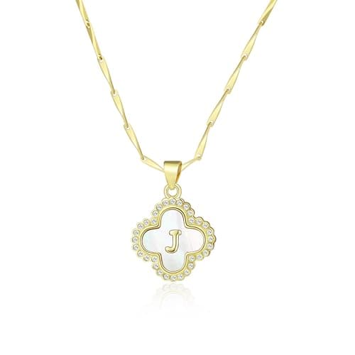 LETFLY Four Leaf Clover Initial Necklaces for Women, 14K Gold Plated Natural Shells Clover Letter Pendant, Alphabets J Necklace Jewelry Gifts for Women