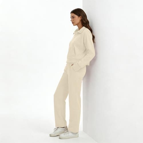 Anyshe Women's 2 Piece Sweatsuit Set Lounge Set Half Zip Sweatshirt with Kangaroo Pocket Thumb Holes Wide Leg Drawstring Pants Casual Tracksuit for Travel Daily Wear, Off White, Medium - Thumbnail 3