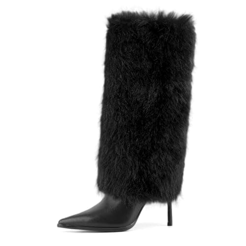 QIV Black Fur Knee High Boots women Pointed Toe Stiletto Winter Fashion Tall Boot for Women Size 7.5 - Thumbnail 6