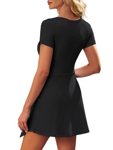 Dokuritu Athletic Dress for Women Short Sleeve Square Neck Tie Wrap Workout Romper Dresses with Built in Shorts Mini Skort Dress Black - Thumbnail 2