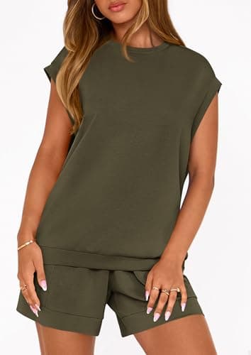 PRETTYGARDEN Two Piece Short Sets for Women Summer 2026 Matching Loungewear Travel Outfits Spring Beach Vacation Clothes (Army Green,Large) - Thumbnail 2