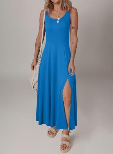 Acelitt Summer Dresses for Women 2025 Casual Crew Neck Sleeveless Sundresses Beach Vacation Clothes with Pockets Blue Medium - Thumbnail 2