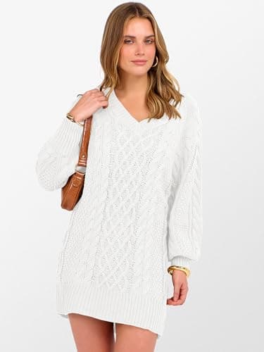 ANRABESS Womens Long Sleeve V Neck Oversized Cable Knit Mini Sweater Dresses 2026 Winter Fall Trendy Pullover Tunic Outfits White Large - Thumbnail 2