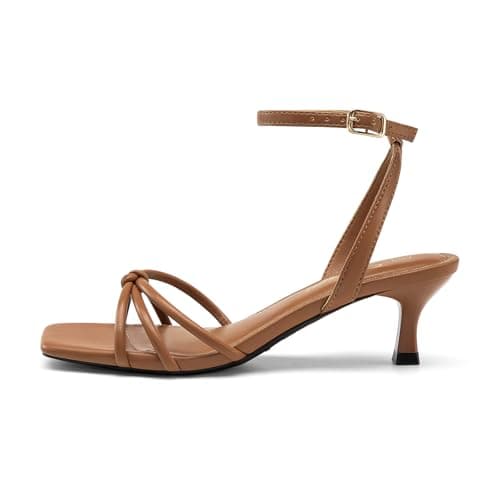 Athlefit Kitten Heels for Women Dressy Square Open Toe Brown Heels Strappy Low Heel Party Dress Summer Heeled Sandals Size 7 - Thumbnail 4