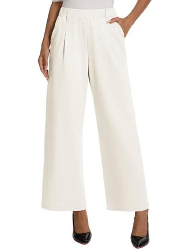 Amzdora Womens Dress Wide Leg Pants Pull On Stretchy Work Pants High Waisted Business Causal Palazzos Trousers with Pockets White - Image 1