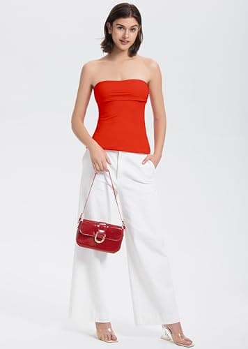 Women Tube Tops Going Out Trendy Tops Double Line Sexy Strapless Side Split Summer Basic Casual Tank Tops Formal Elegant Oufits (Red,L) - Thumbnail 3