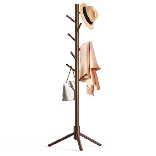 Aliphon Wooden Coat Rack Stand, Freestanding Coat Rack with 8 Hooks, 3 Adjustable Size Coat Tree for Hats, Coats, Scarves bags, Coat Hanger Stand Used in Bedroom/Office/Entryway （Brown）