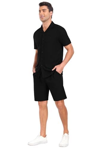 PrinStory Mens Short Sleeve Outfits 2 Piece Summer Beach Button Down Shirts and Shorts Set Tracksuit with Pockets Black-2XL - Thumbnail 3