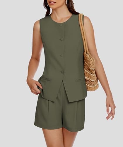 Casly Lamiit Womens 2025 Two Piece Shorts Sets Sleeveless Button Down Vest Summer Business Casual Outfits Dressy Interview Work Pants Suit Army Green XS - Thumbnail 5