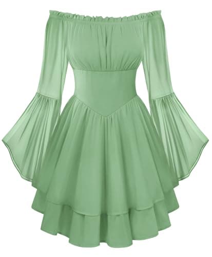 Scarlet Darkness Women Corset Dress Off Shoulder Bell Sleeve Ruffled Fairy Mini Dress Sage Green XL - Image 1