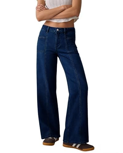 Flvsun Women's High Waisted Wide Leg Jeans Strechy Straight Leg Baggy Jeans Denim Pants Trendy 2026 Dark Blue L - Thumbnail 3