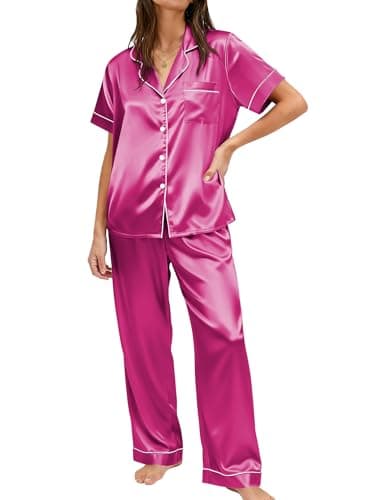 Ekouaer Womens Silky Satin Pajamas Set Short Sleeve Button Down Sleepwear 2 Piece Lounge Set Pj Set Rose Red Small - Image 1