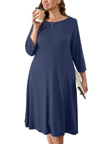 AusLook Women's Plus Midi Dresses Crew Neck A Line 3/4 Sleeves Casual Elegant Loose Flowy Wedding Guest Maternity Vacation Beach Navy Blue 3X Dress with Pockets - Image 1