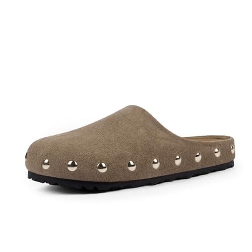 QIY Womens Taupe Clogs Slip on Studded Faux Suede Mules Comfortable Footbed Mule Potato Shoes for Women Size 7.5 - Image 1